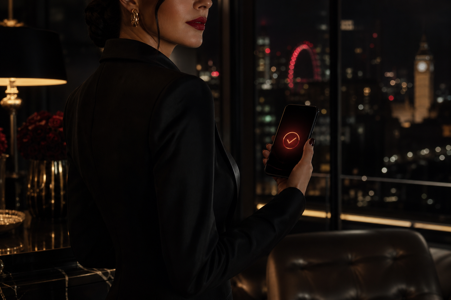 Elegant London findom scene with phone confirmation